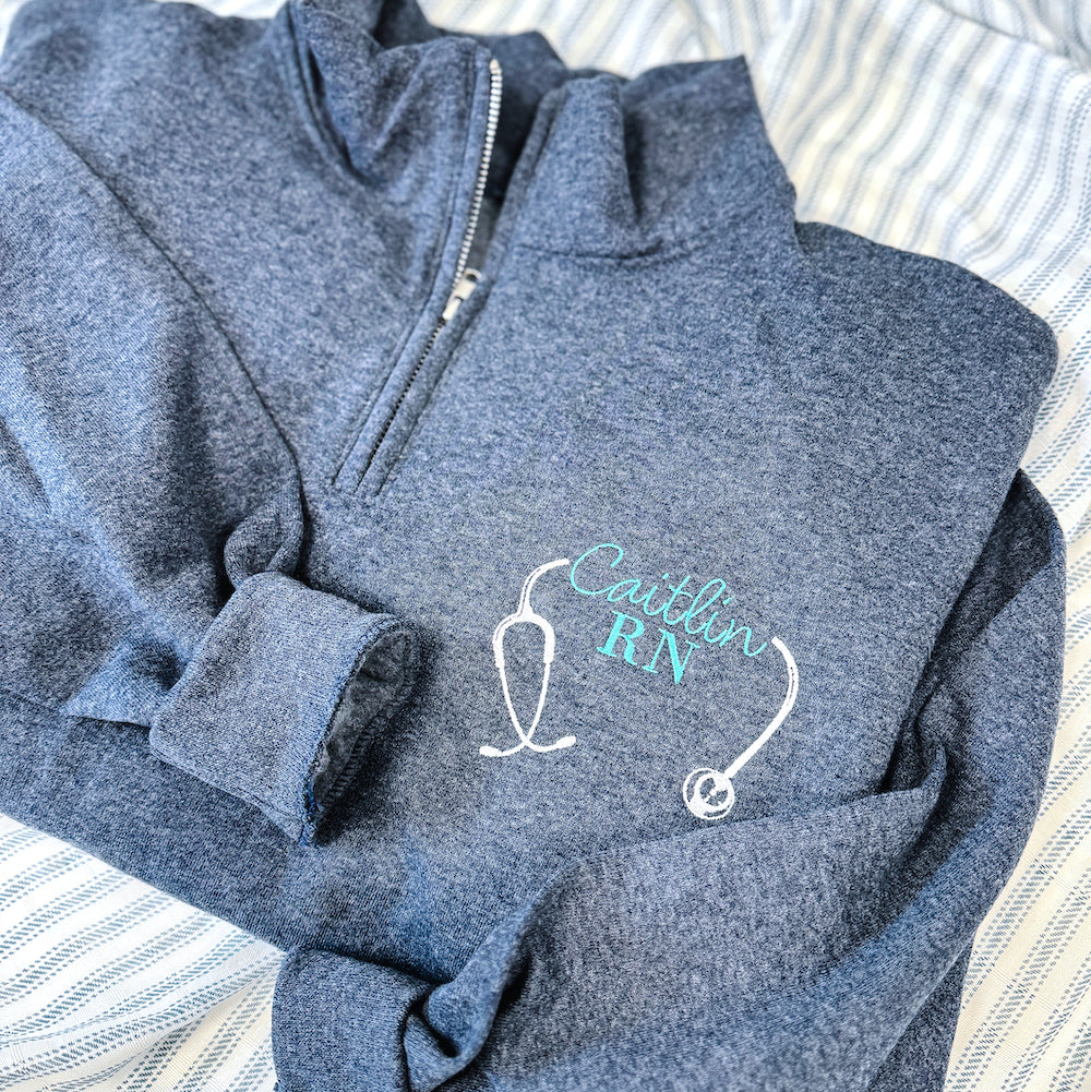 Personalized RN Quarter Zip Sweatshirt - Stethoscope - Barn Street Designs