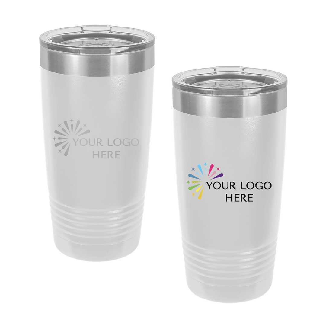 20oz laser-engraved branded tumbler with a business logo