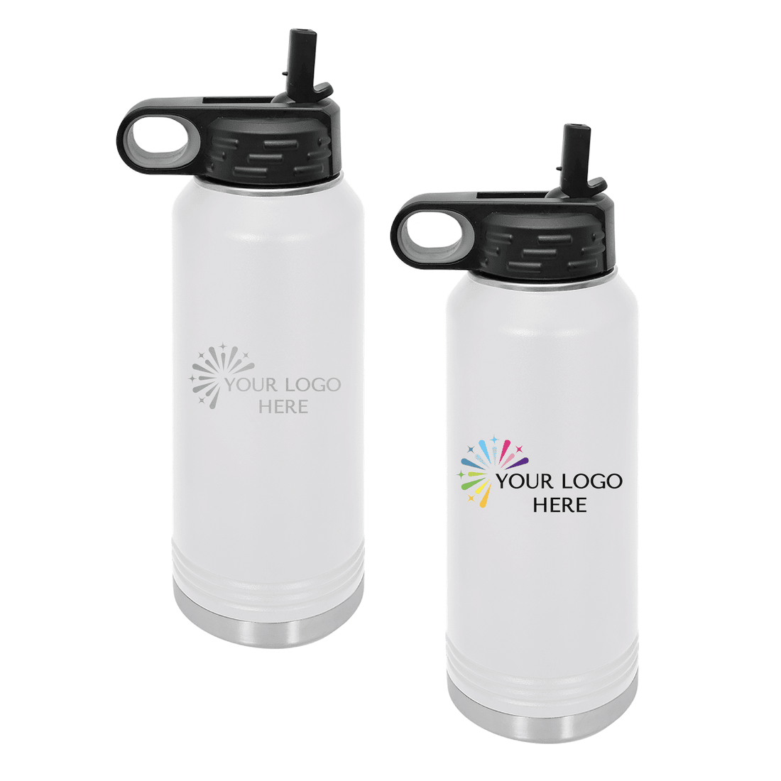 32oz stainless steel water bottle laser engraved with a custom company logo