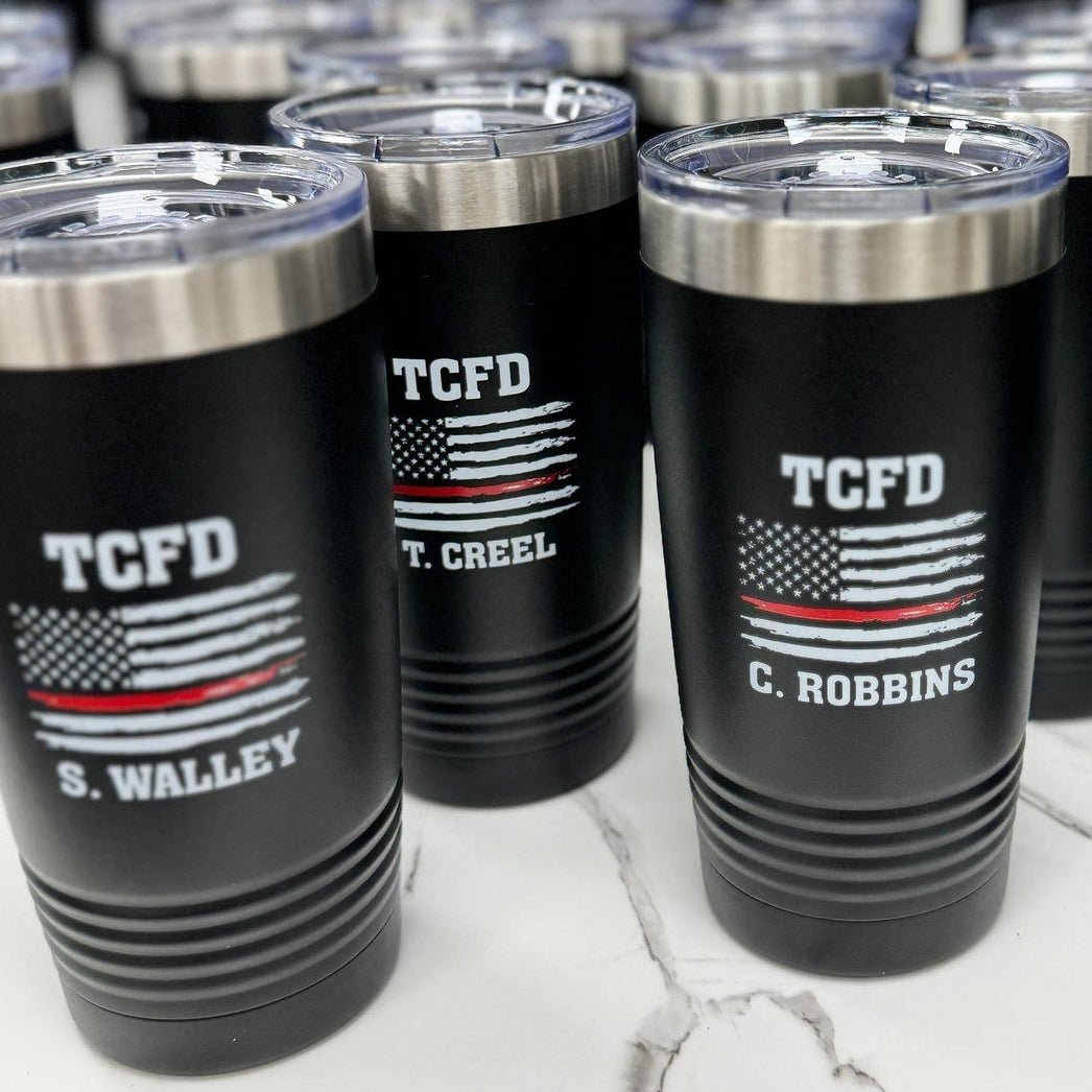 Thin Red Line personalized firefighter tumbler and gift set from Berks Imprints