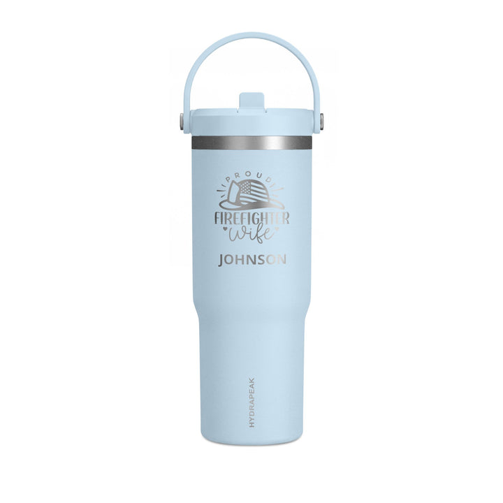 Powder blue 32oz insulated firefighter wife tumbler with engraved Proud Firefighter Wife emblem