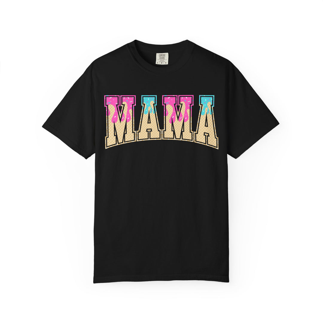 Black Comfort Colors Baseball Mama t-shirt with a retro ice cream drip MAMA graphic, front view.
