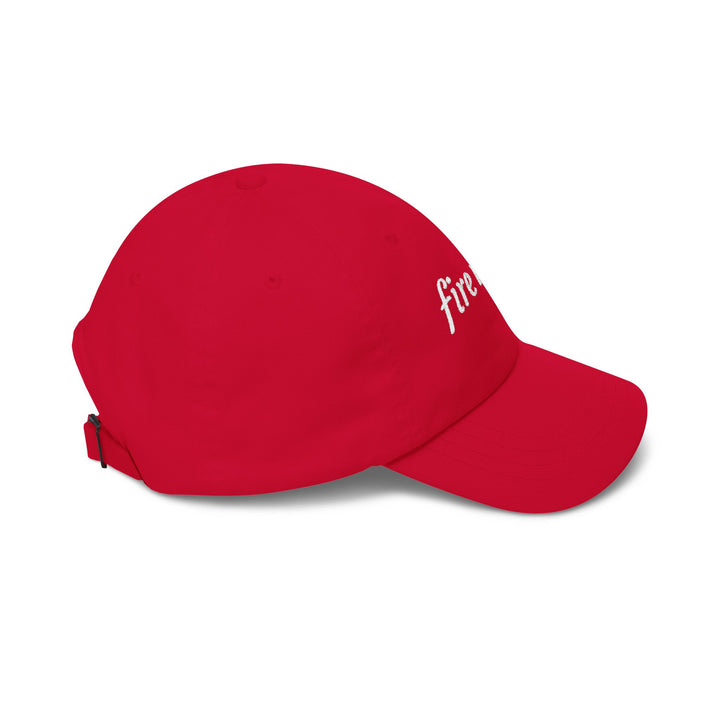 Cranberry red fire wife dad cap, right side view