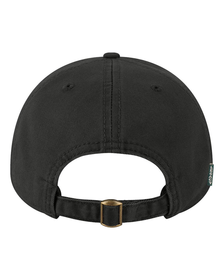 Back of the black dad cap showing the adjustable strap and brass buckle