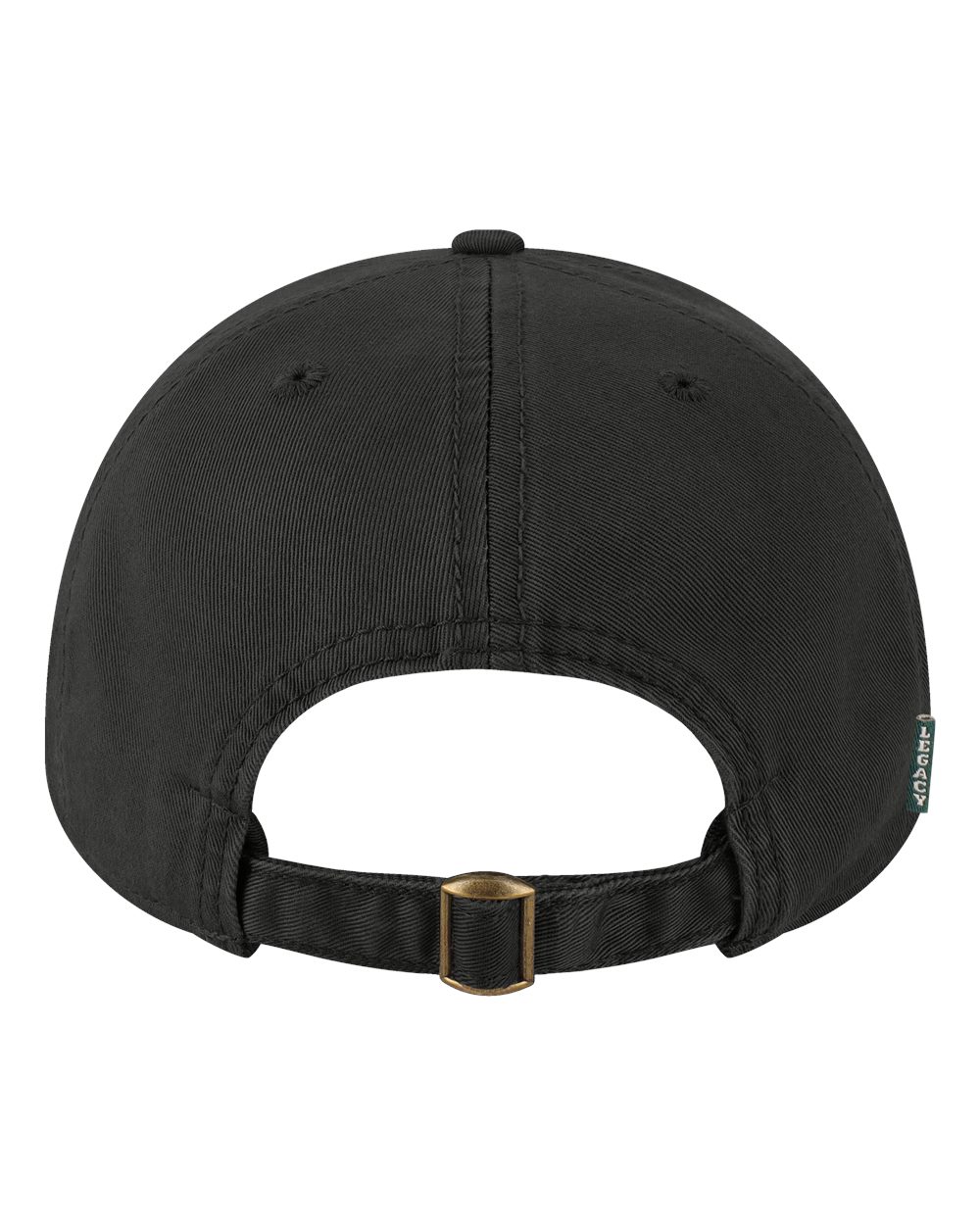 Back of the black dad cap showing the adjustable strap and brass buckle