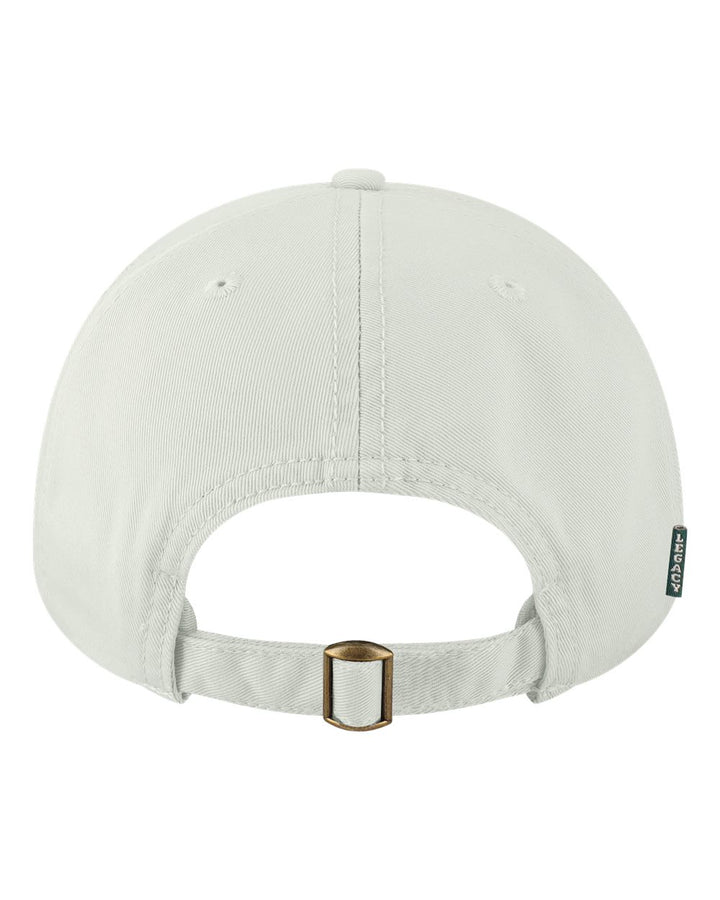 Back of the white dad cap showing the adjustable strap and brass buckle