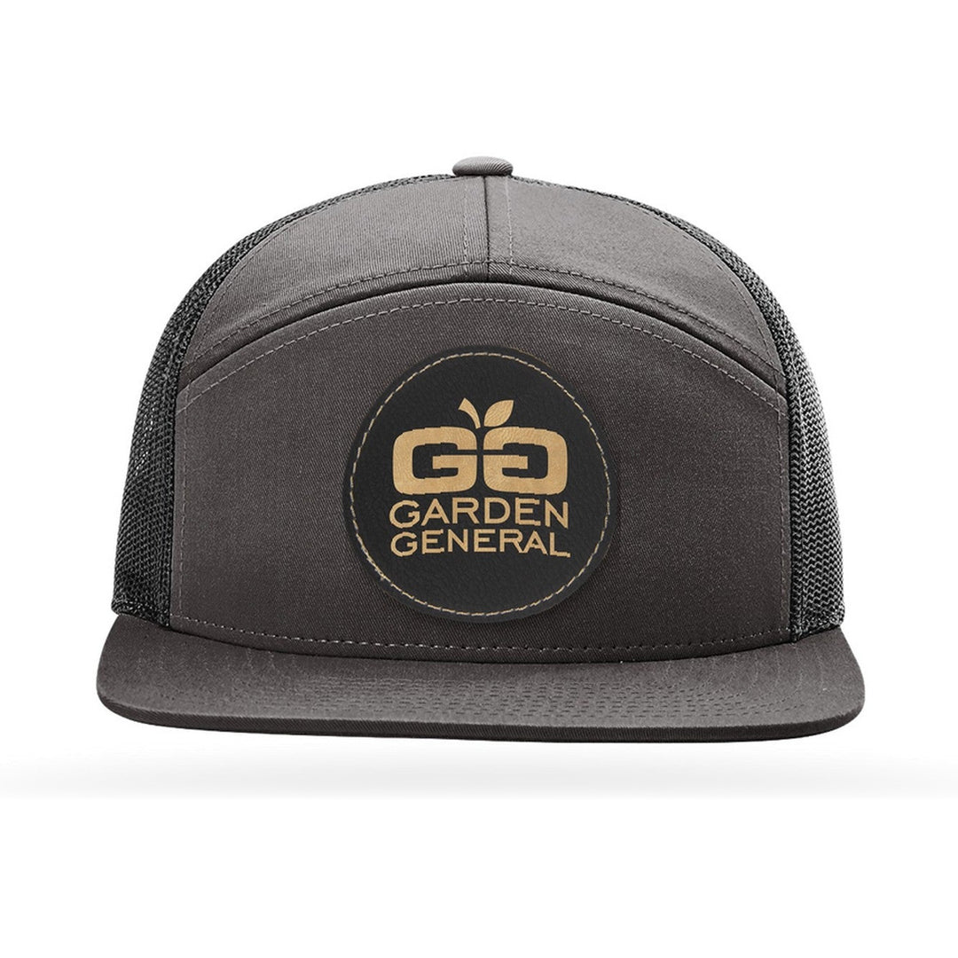 Richardson 168 7-Panel Trucker in Charcoal/Black with a custom leatherette logo patch