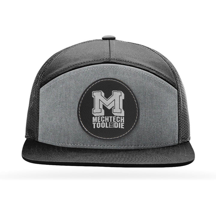Richardson 168 7-Panel Trucker in Heather Grey/Black with a custom leatherette logo patch