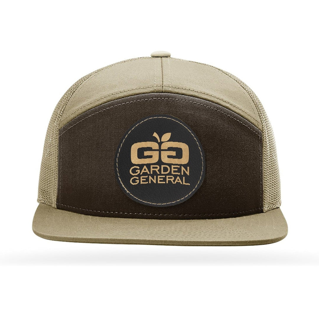 Richardson 168 7-Panel Trucker in Brown/Khaki with a custom leatherette logo patch