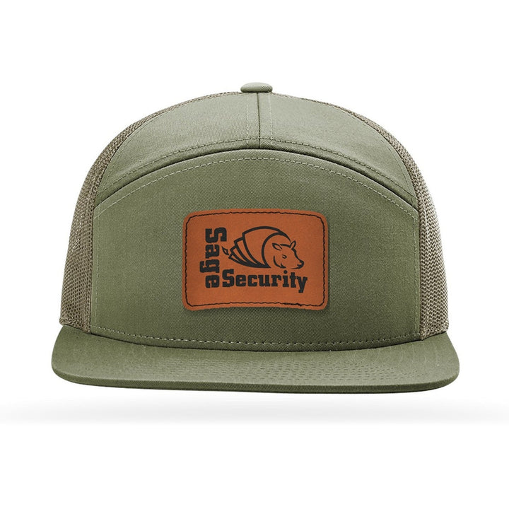 Richardson 168 7-Panel Trucker in Loden with a custom leatherette logo patch