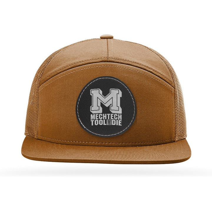 Richardson 168 7-Panel Trucker in Caramel with a custom leatherette logo patch