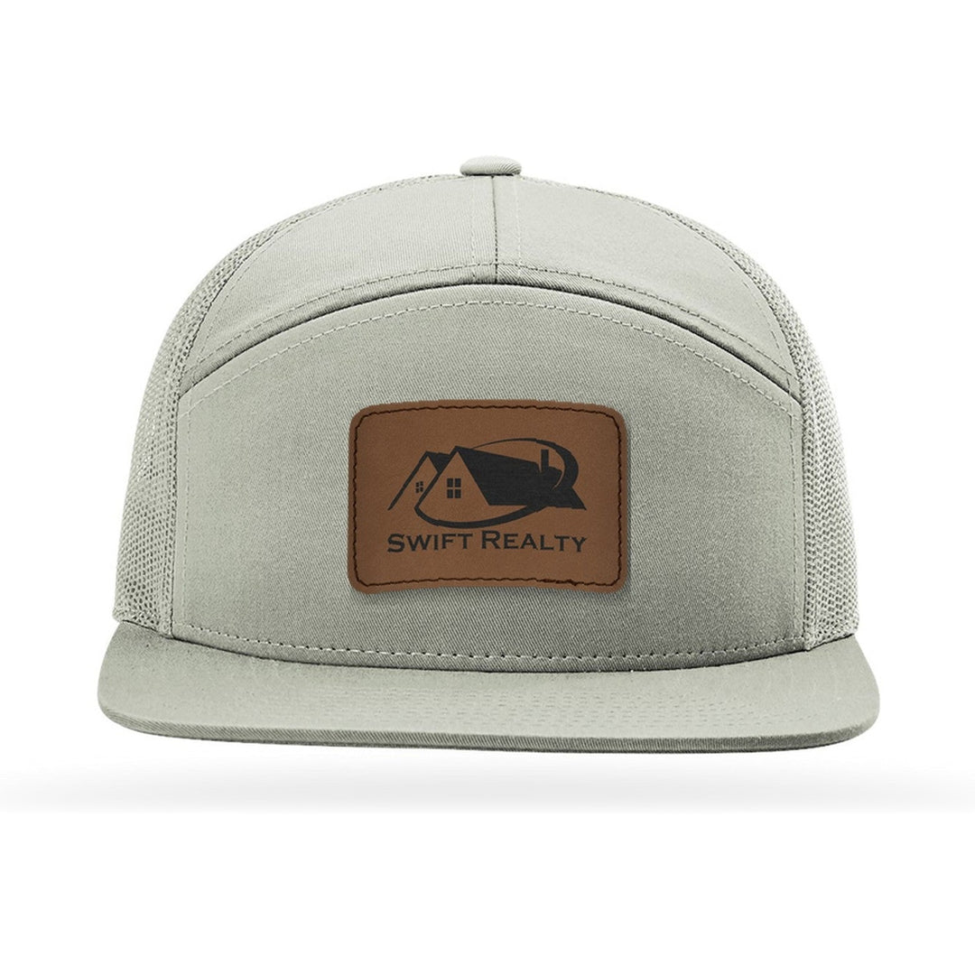 Richardson 168 7-Panel Trucker in Quarry with a custom leatherette logo patch