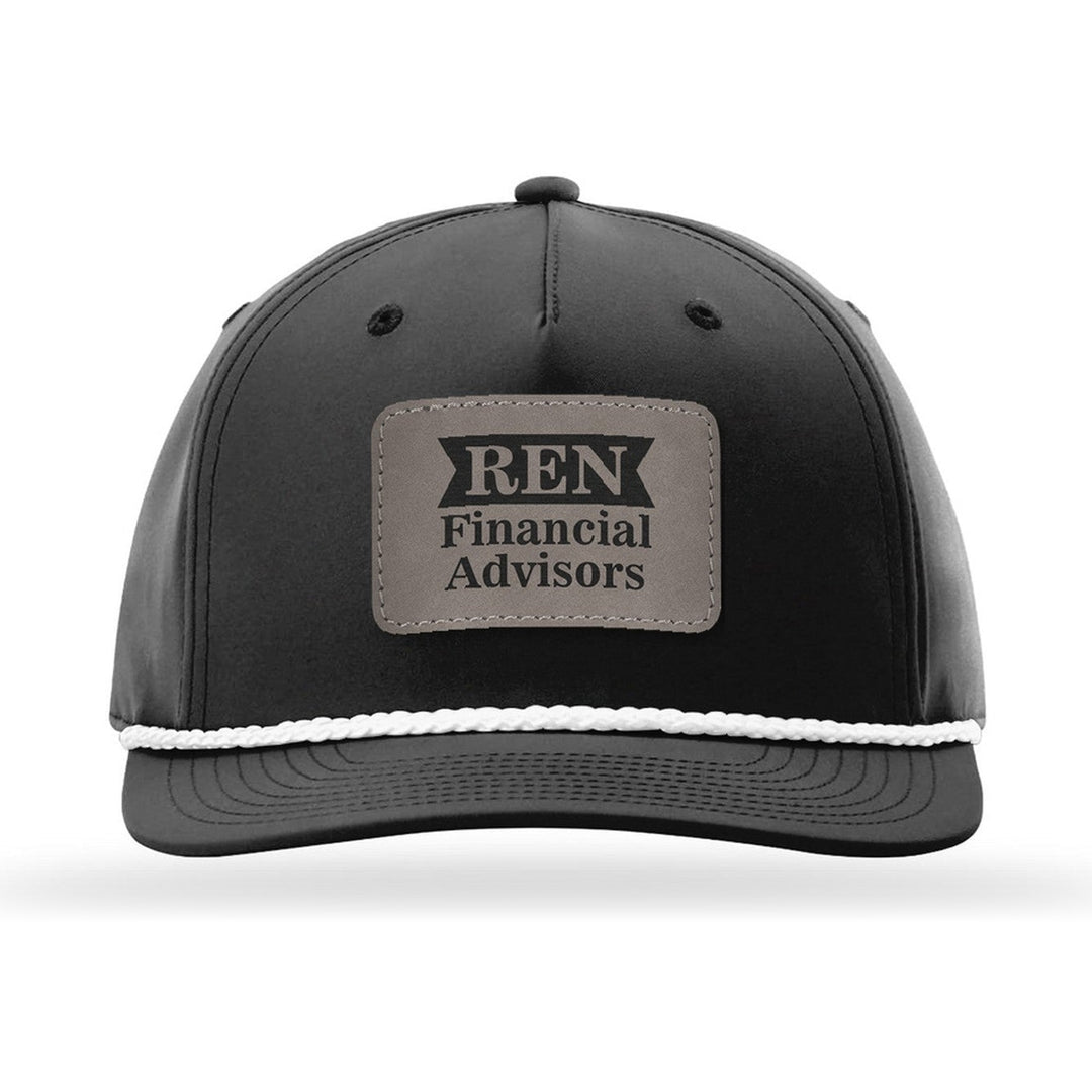 Richardson 258 5-Panel Rope Cap in Black/White with a custom leatherette logo patch