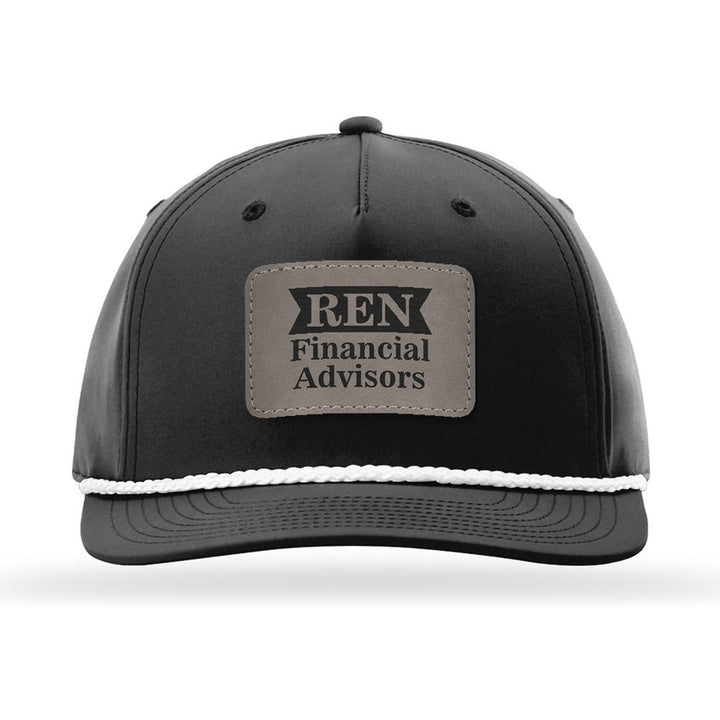 Richardson 258 5-Panel Rope Cap in Black/White with a custom leatherette logo patch