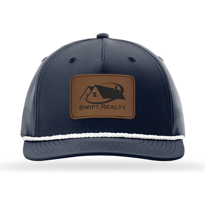 Richardson 258 5-Panel Rope Cap in Navy/White with a custom leatherette logo patch