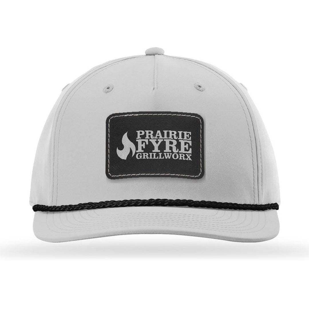 Richardson 258 5-Panel Rope Cap in Light Grey/Black with a custom leatherette logo patch