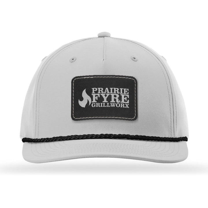 Richardson 258 5-Panel Rope Cap in Light Grey/Black with a custom leatherette logo patch