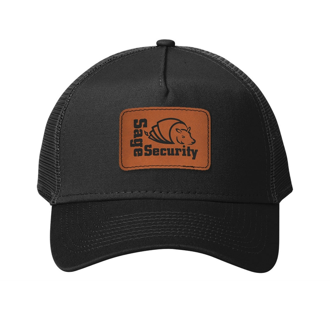 New Era NE205 Snapback Trucker in Black with a custom leatherette logo patch