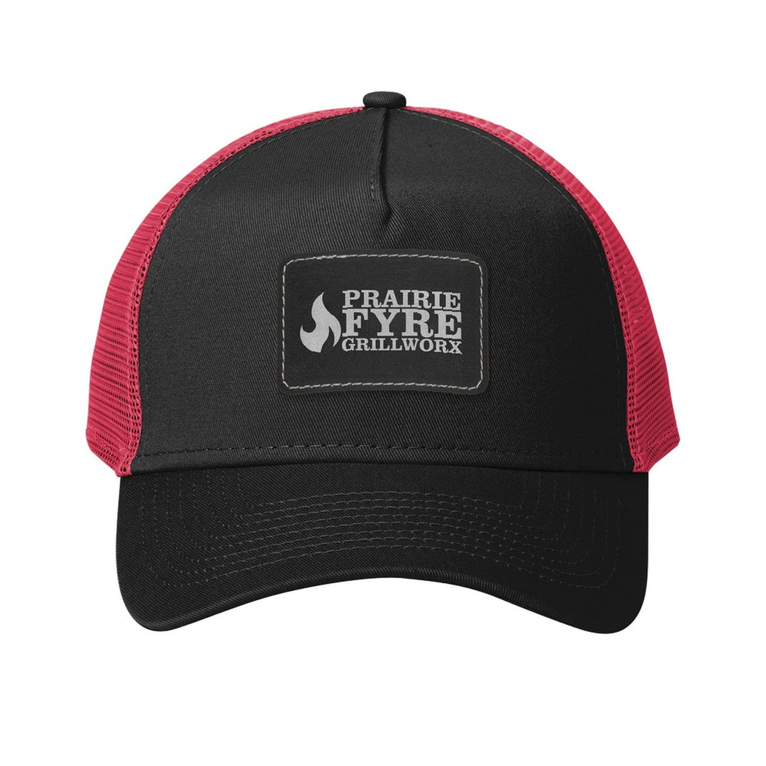 New Era NE205 Snapback Trucker in Black/Scarlet with a custom leatherette logo patch