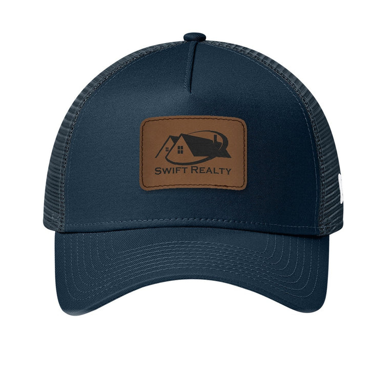 New Era NE205 Snapback Trucker in Deep Navy (Flag) with a custom leatherette logo patch