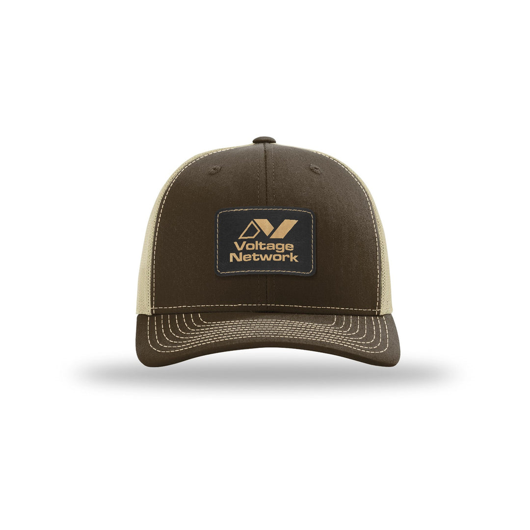 Richardson 112 Trucker in Brown/Khaki with a custom leatherette logo patch
