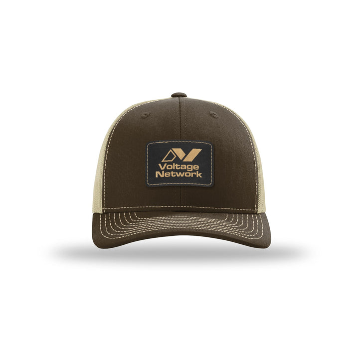 Richardson 112 Trucker in Brown/Khaki with a custom leatherette logo patch