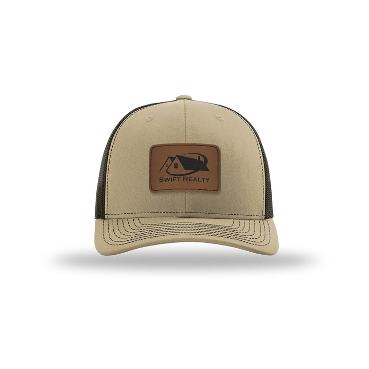 Richardson 112 Trucker in Khaki/Coffee with a custom leatherette logo patch