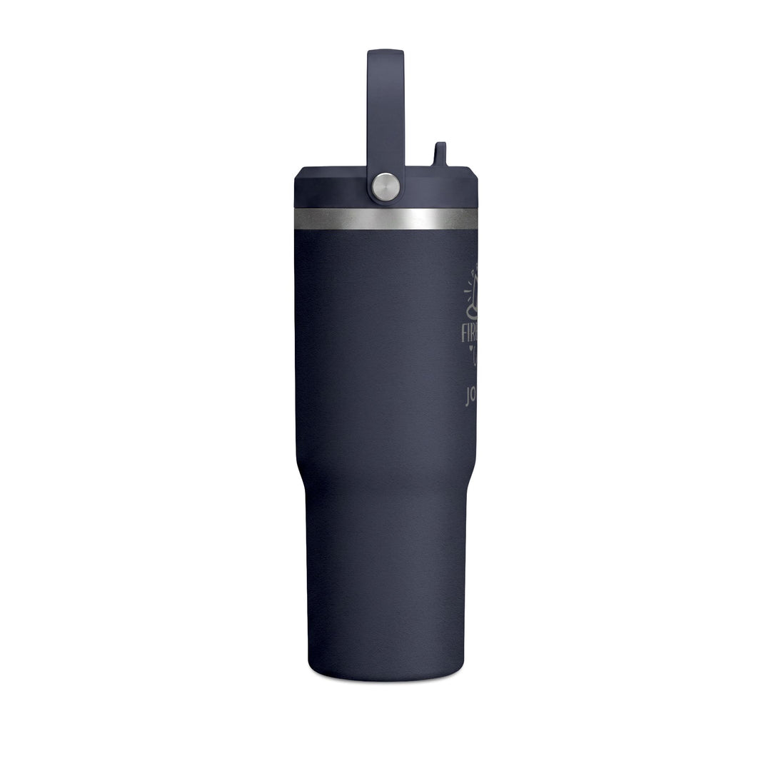Navy 32oz insulated travel tumbler with flip straw lid, angled view