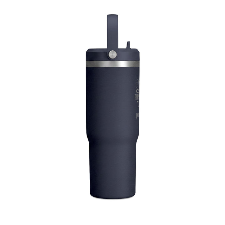 Navy 32oz insulated travel tumbler with flip straw lid, angled view