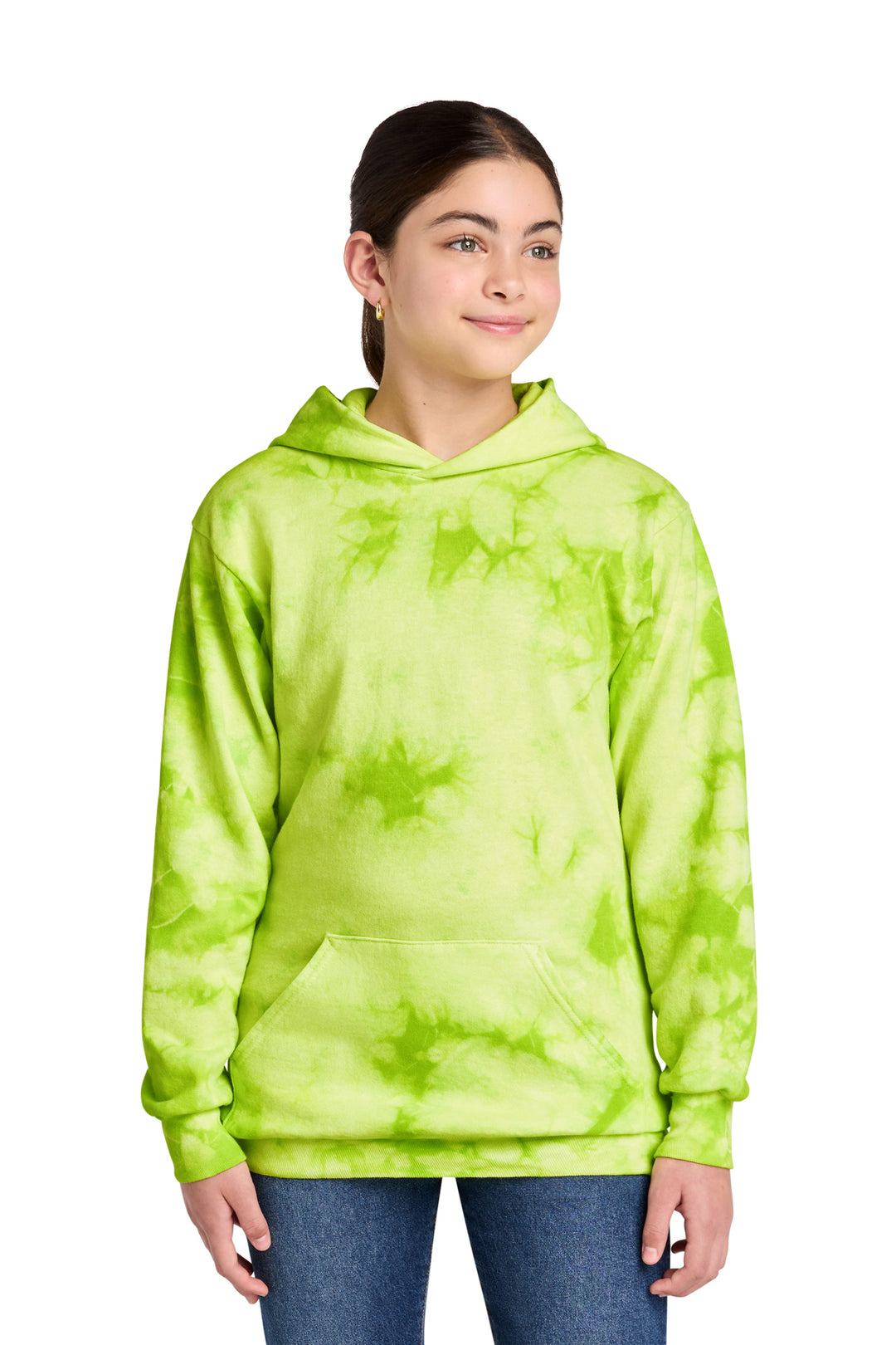 Blank youth crystal tie-dye pullover hoodie in Lemon Lime