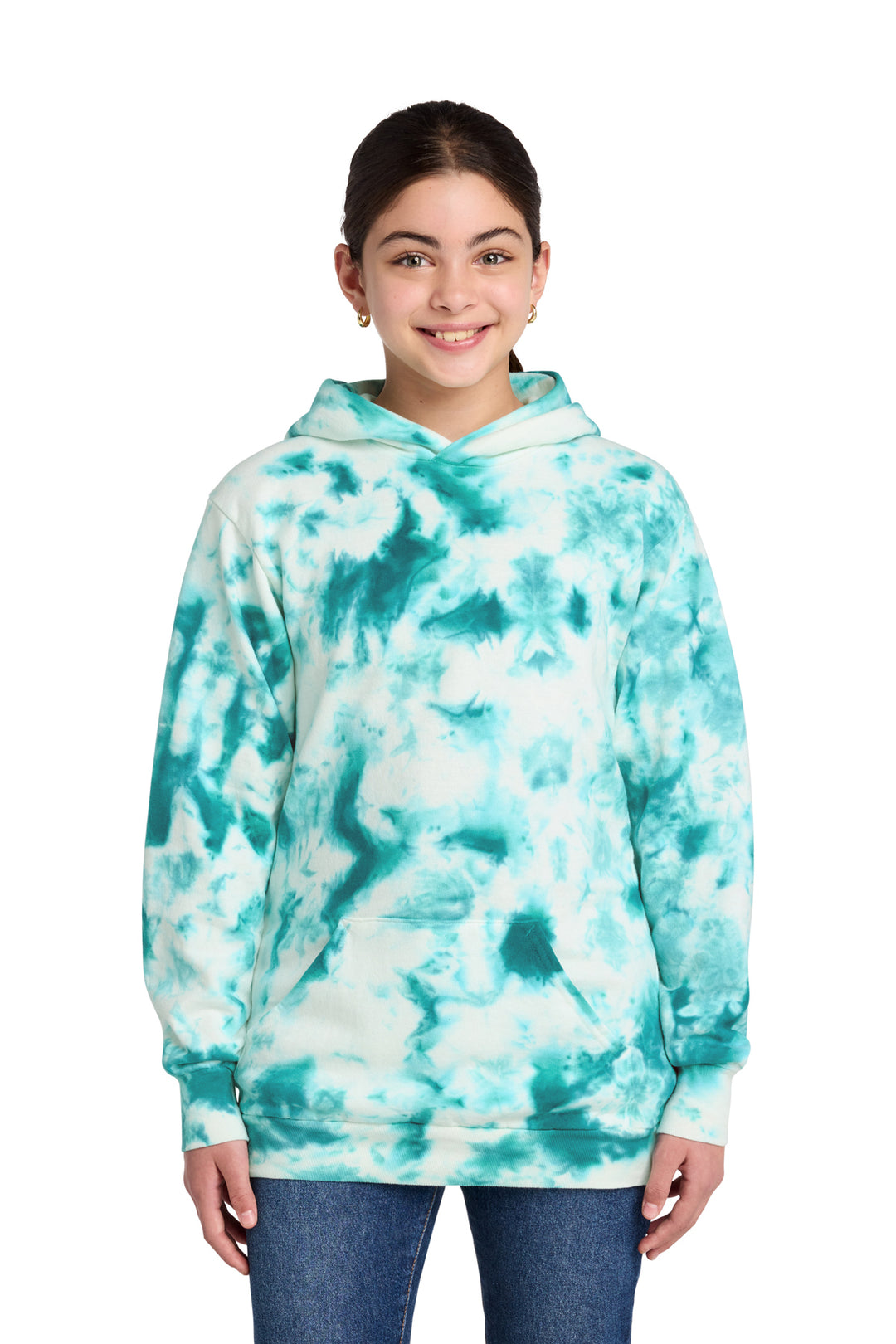 Blank youth crystal tie-dye pullover hoodie in Teal