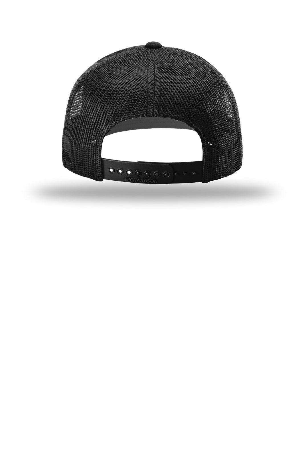 Back of the black trucker cap showing the mesh panels and adjustable snapback closure