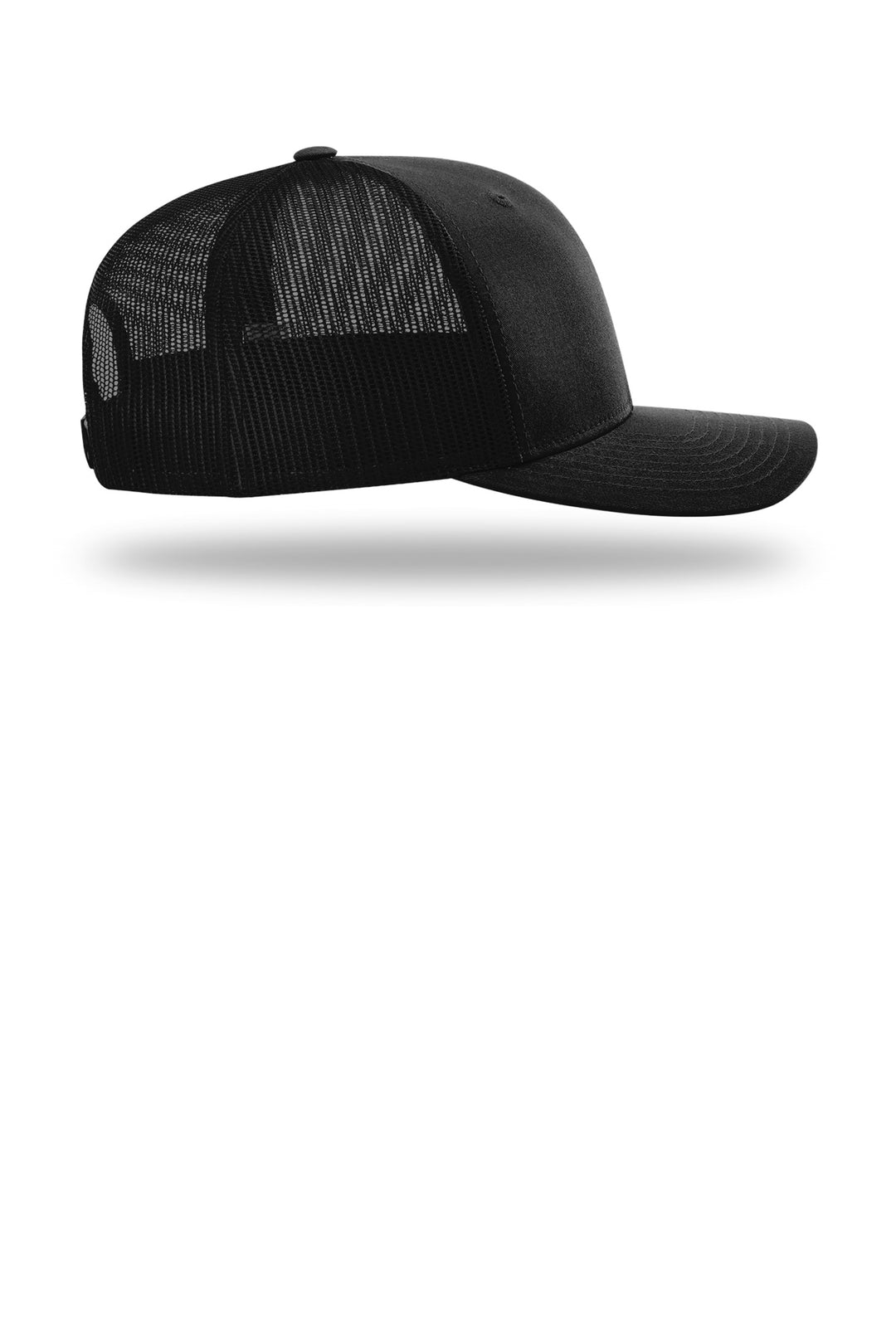 Right side of the black trucker cap showing the black mesh back panel