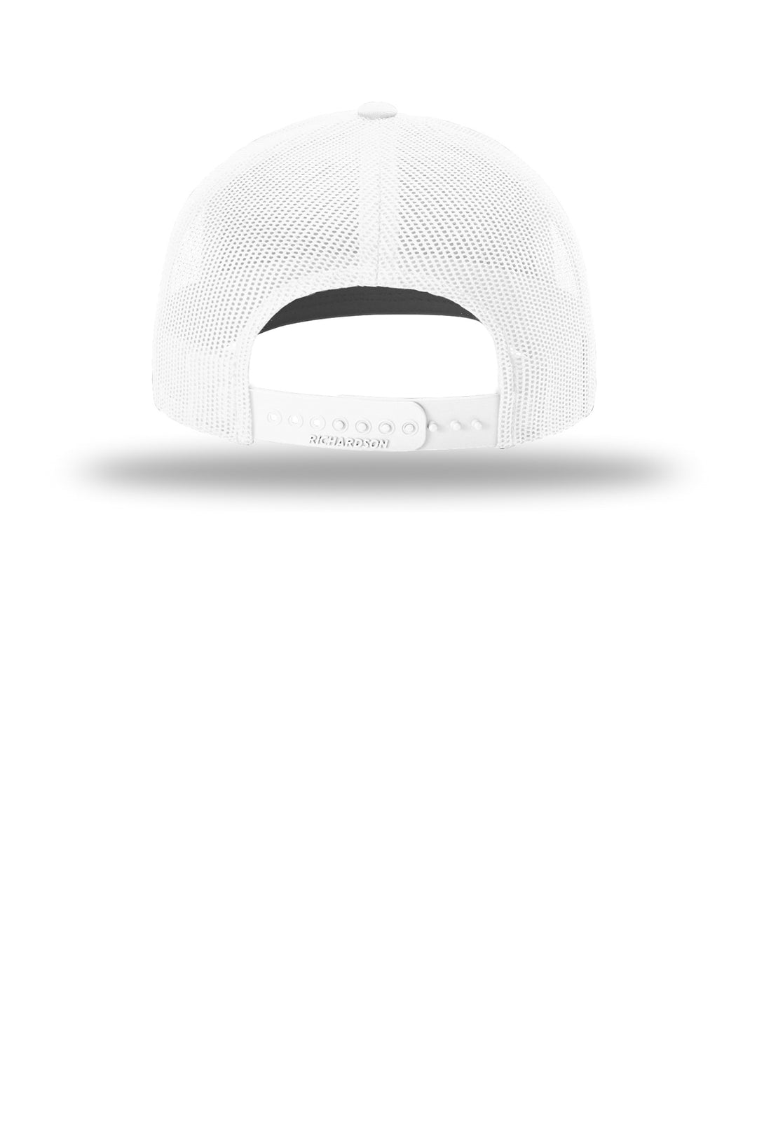 Back of the white trucker cap showing the mesh panels and adjustable snapback closure