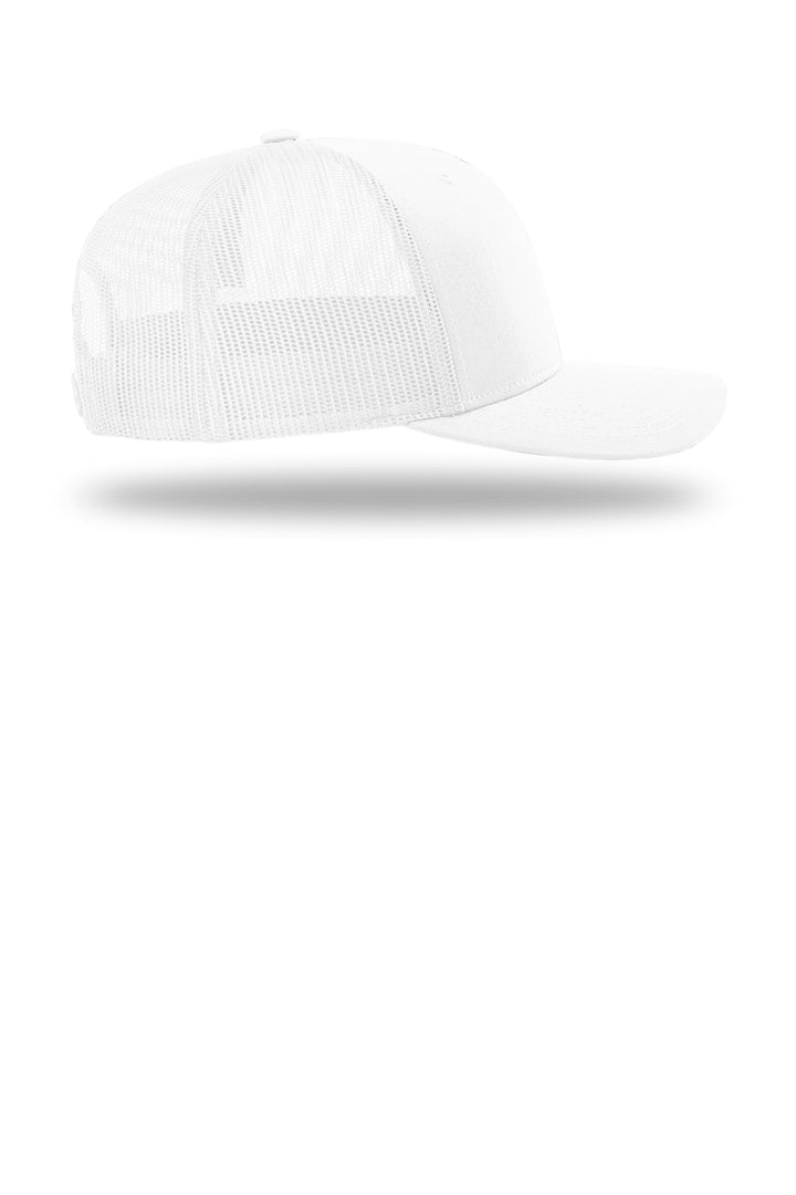 Right side of the white trucker cap showing the white mesh back panel