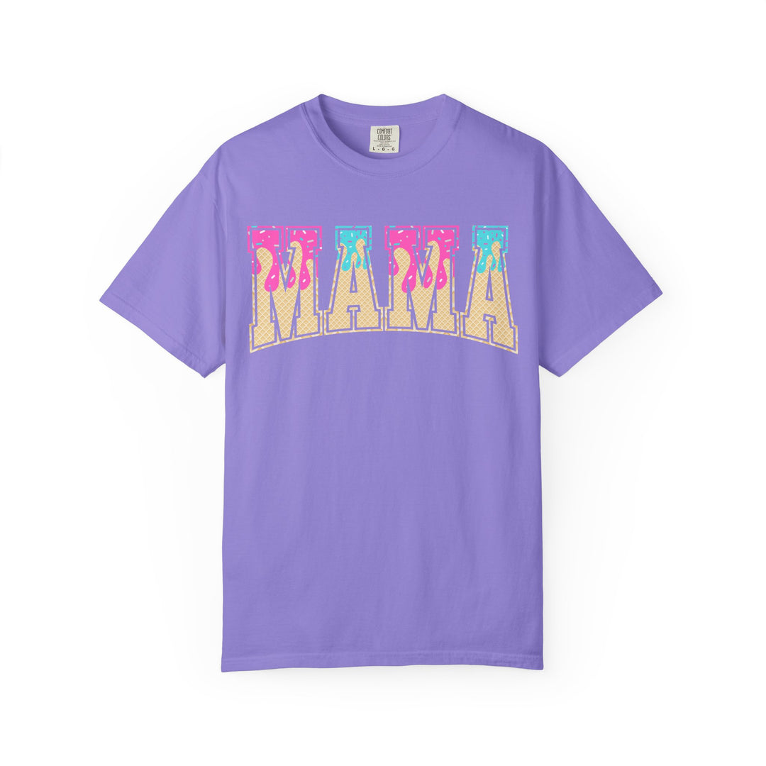 Violet Comfort Colors Baseball Mama t-shirt with a retro ice cream drip MAMA graphic, front view.