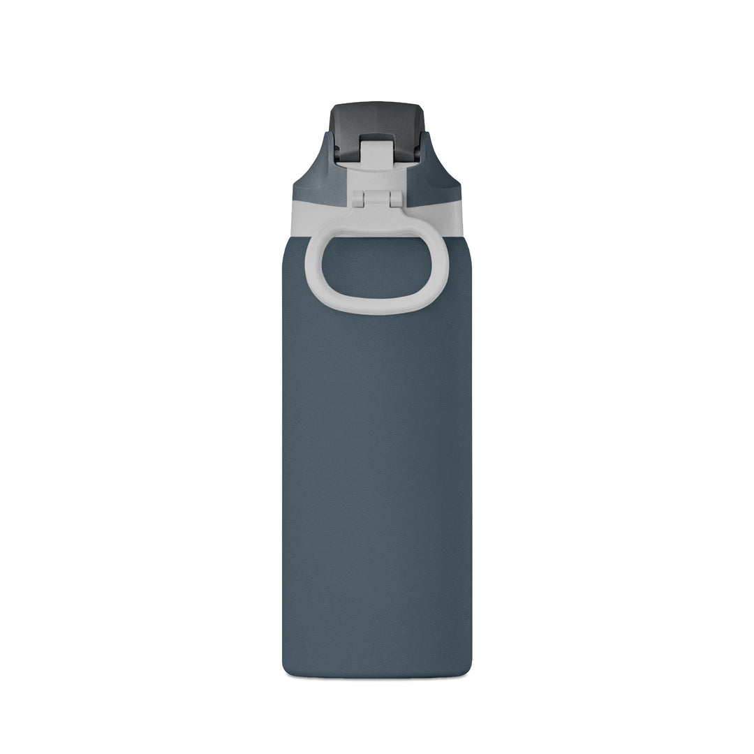 Slate blue 32oz insulated water bottle with carry-handle lid, side view