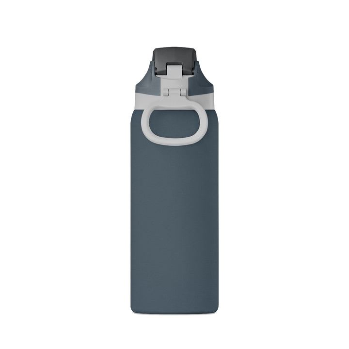 Slate blue 32oz insulated water bottle with carry-handle lid, side view