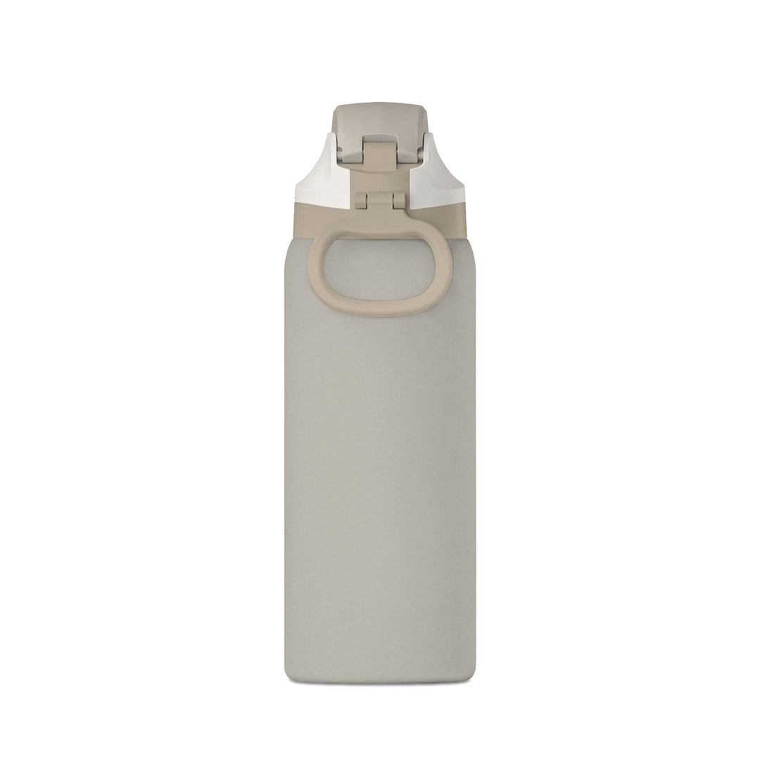Stone gray 32oz insulated water bottle with carry-handle lid, side view