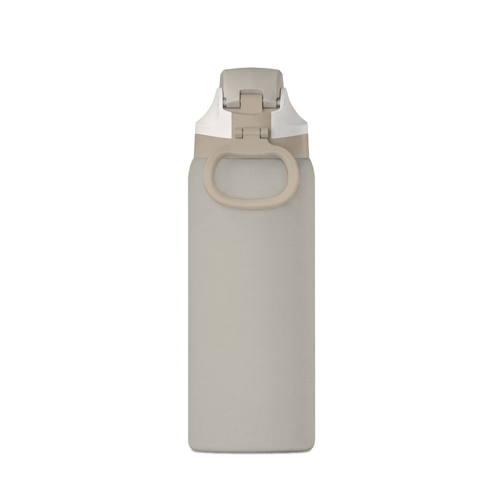 Stone gray 32oz insulated water bottle with carry-handle lid, side view