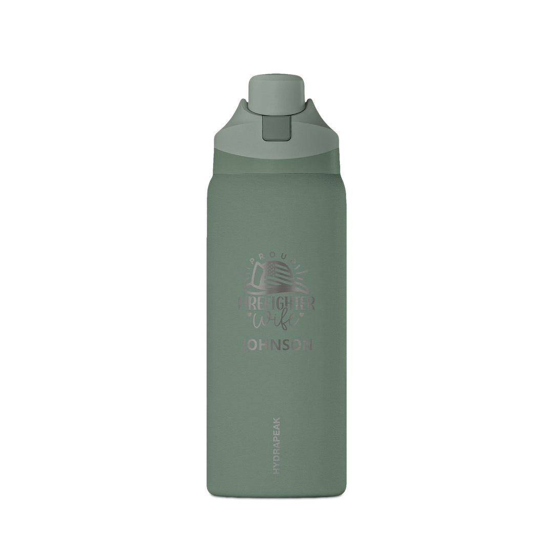 Sage green 32oz insulated firefighter wife water bottle with laser-engraved emblem and name