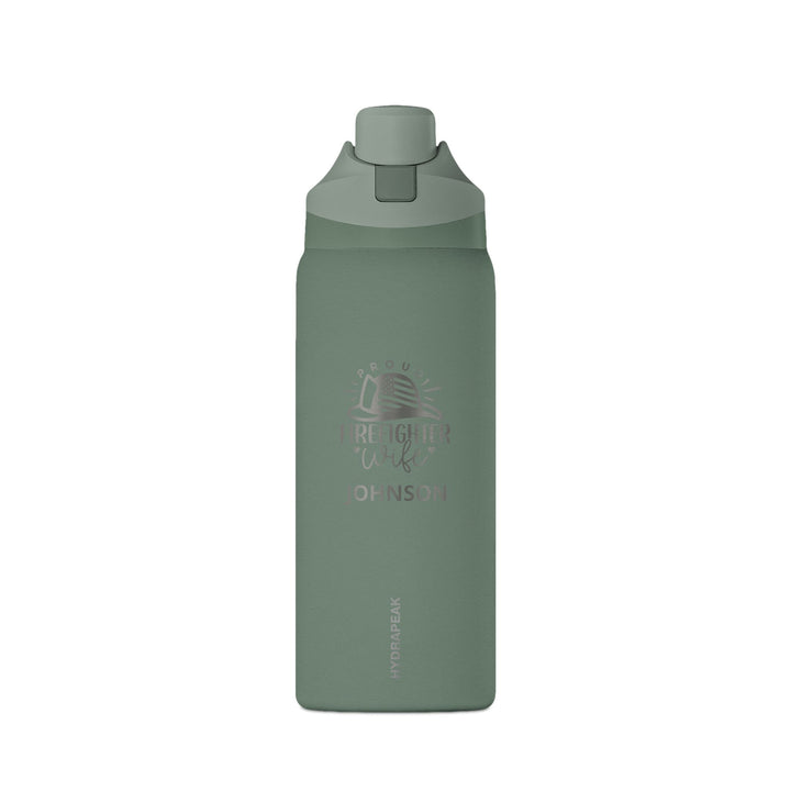 Sage green 32oz insulated firefighter wife water bottle with laser-engraved emblem and name