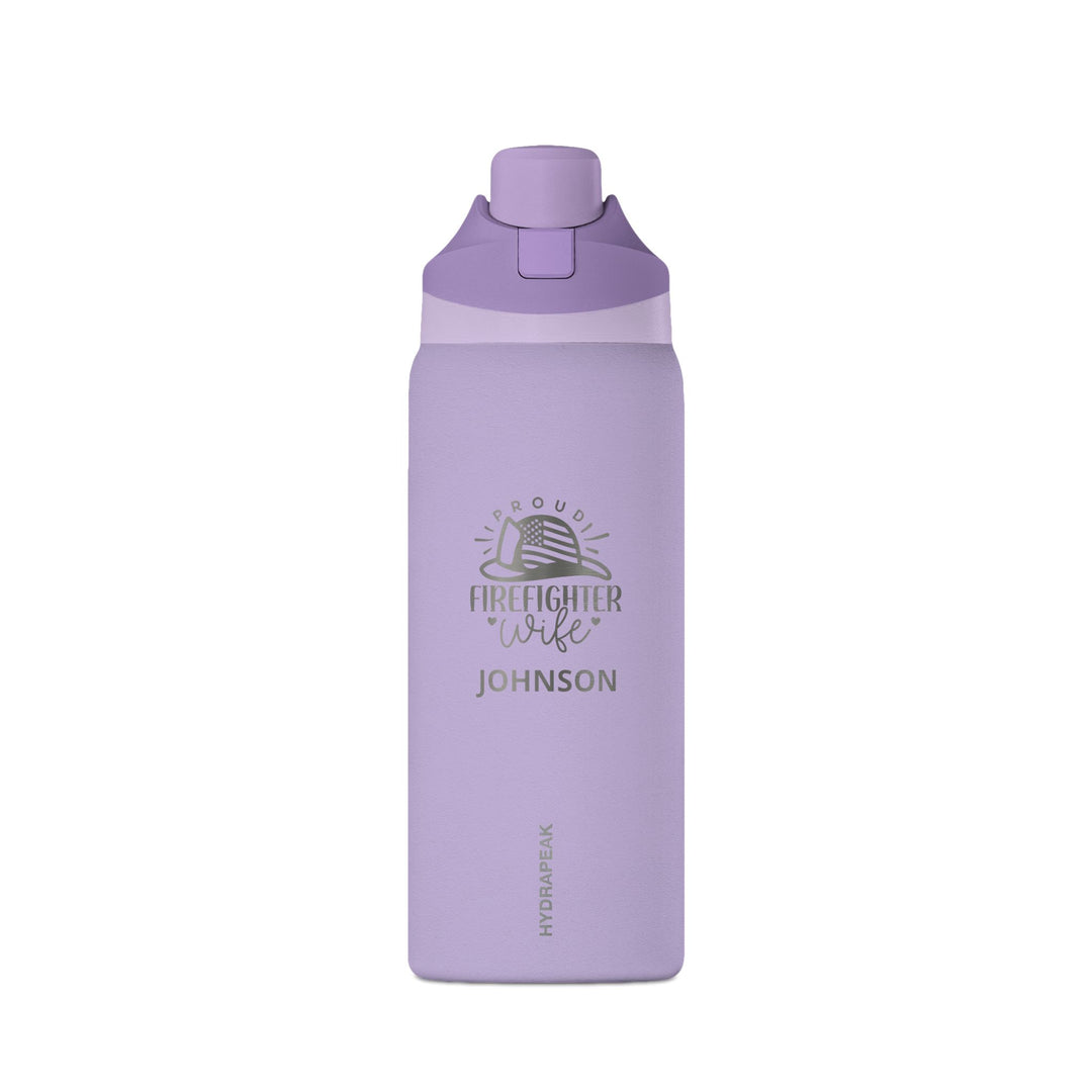 Lavender personalized 32oz firefighter wife water bottle with engraved helmet-and-flag emblem