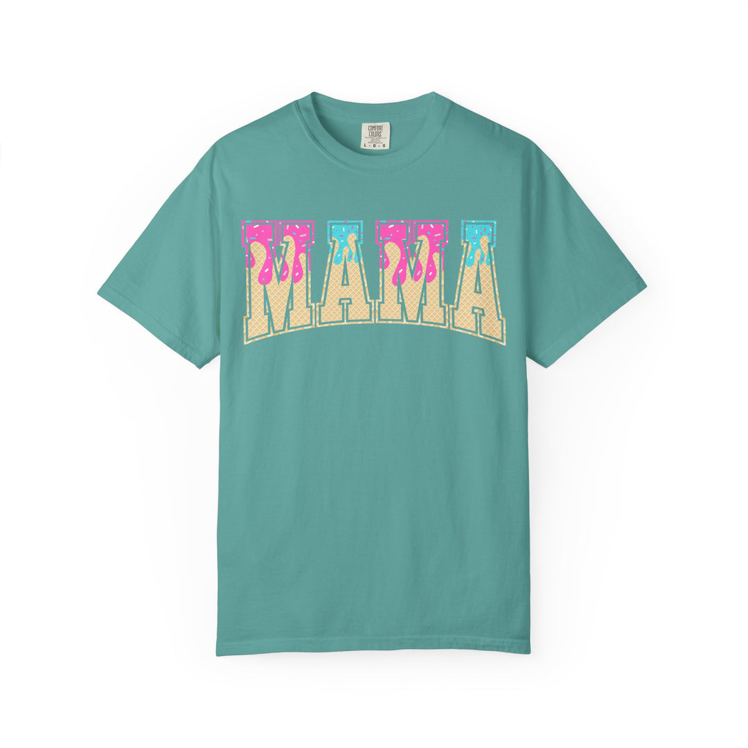 Seafoam Comfort Colors Baseball Mama t-shirt with a retro ice cream drip MAMA graphic, front view.