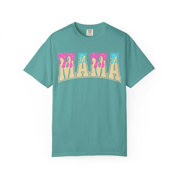 Seafoam Comfort Colors Baseball Mama t-shirt with a retro ice cream drip MAMA graphic, front view.