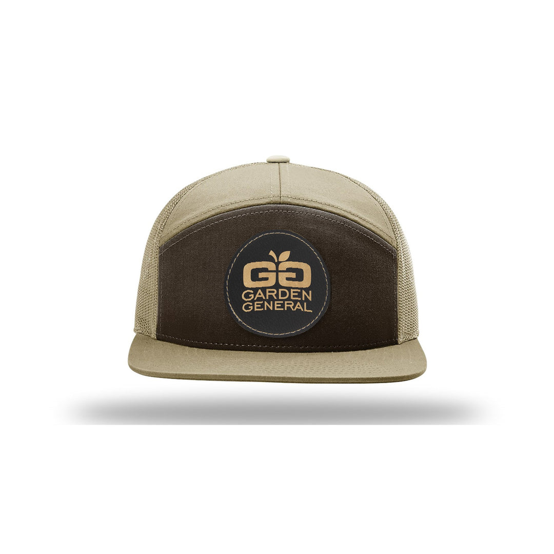 Richardson 168 7-Panel Trucker in Brown/Khaki with a custom leatherette logo patch