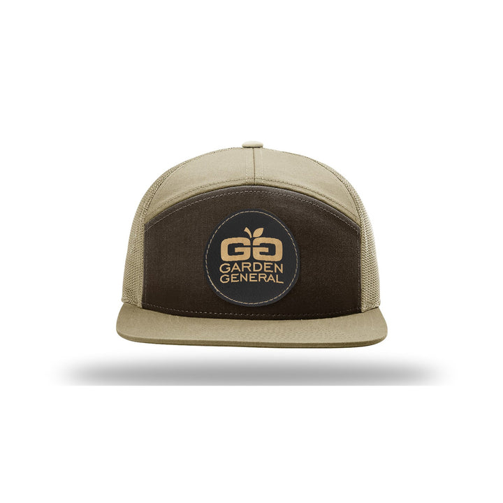 Richardson 168 7-Panel Trucker in Brown/Khaki with a custom leatherette logo patch