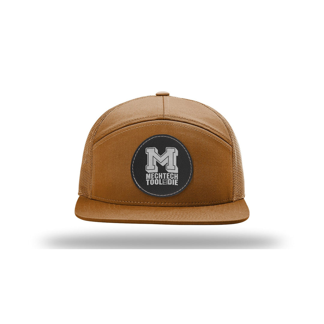 Richardson 168 7-Panel Trucker in Caramel with a custom leatherette logo patch