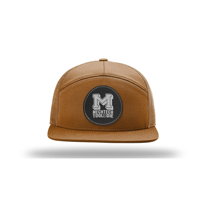 Richardson 168 7-Panel Trucker in Caramel with a custom leatherette logo patch