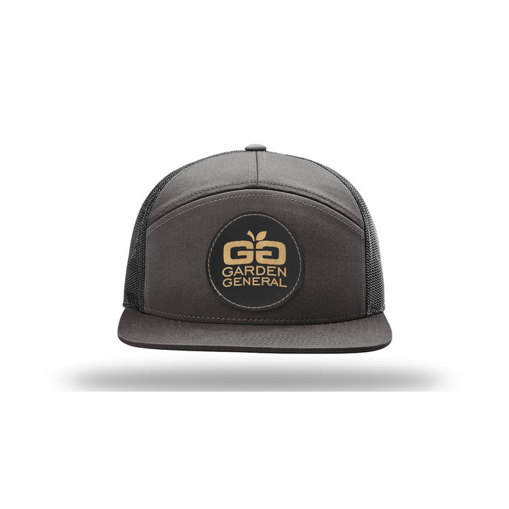 Richardson 168 7-Panel Trucker in Charcoal/Black with a custom leatherette logo patch